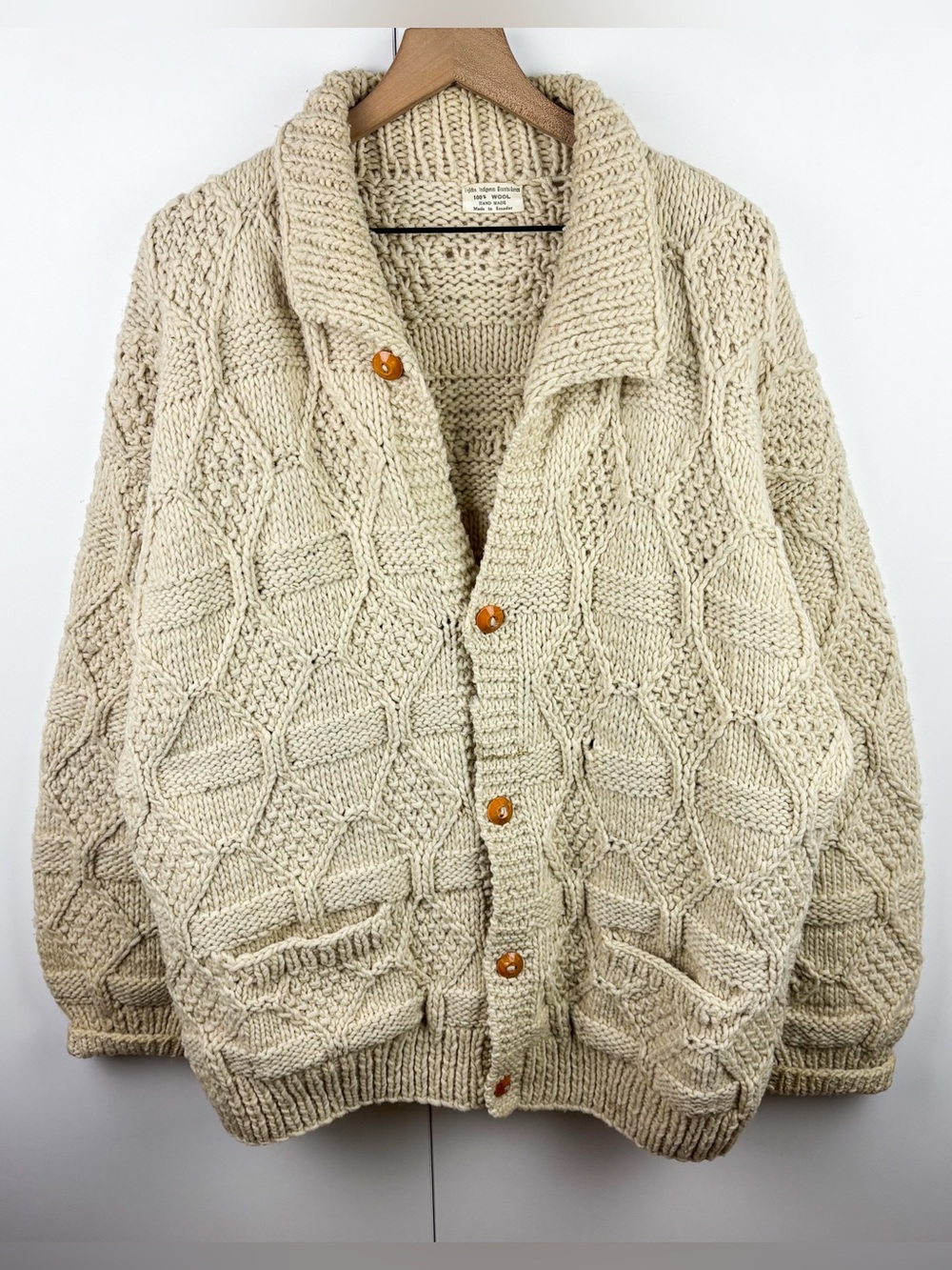 Vintage 100% Wool Ecuador Chunky Thick Cardigan Sweater Hand Made Cream Native